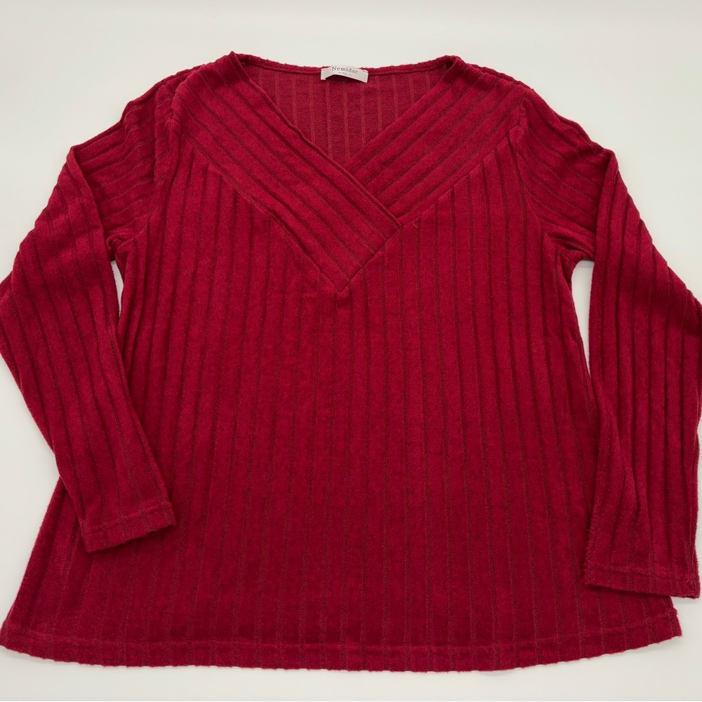 Nemidor Ribbed Long Sleeve V-Neck Top – Women’s 1XL – Red